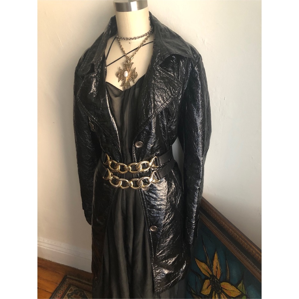 Black Glossy-Double Breasted-Trench Coat - Picture 6 of 8